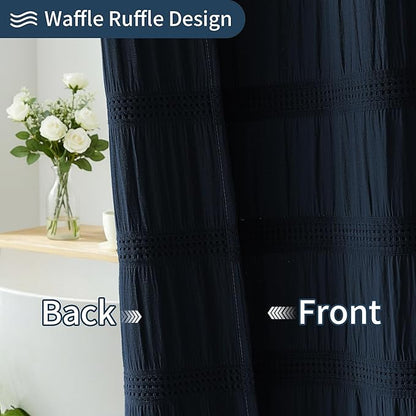Lameirose Extra Long Navy Blue Shower Curtain Farmhouse,72 x 84 Cotton Blend Waffle Tufted Striped Chic Textured Fabric Shower Curtain for Bathroom, Hotel
