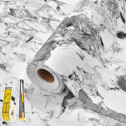 Drawer and Shelf Liner for Kitchen Cabinet: 12 in X 20 Ft Non Slip Waterproof Shelf Paper Non Adhesive Refrigerator Liners Grey and White Marble Easy Liners for Bathroom with Knife Tape Measure