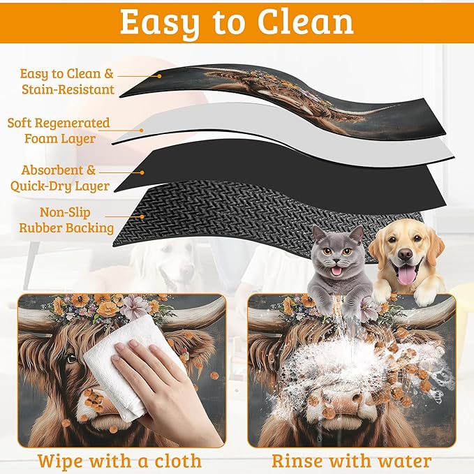 Highland Cow Feeding Mat,Absorbent Quick-Dry Cat Dog Food and Water Bowl Mats,Non-Slip Rubber Backing Mat,Cat Dog Accessories Supplies 16" x 24"