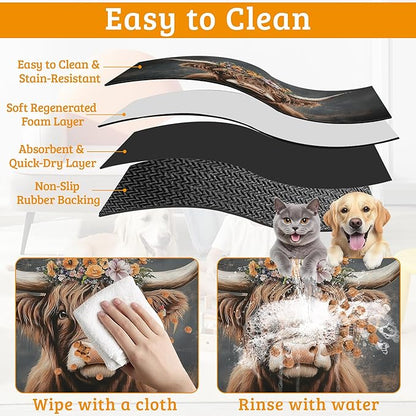 Highland Cow Feeding Mat,Absorbent Quick-Dry Cat Dog Food and Water Bowl Mats,Non-Slip Rubber Backing Mat,Cat Dog Accessories Supplies 16" x 24"