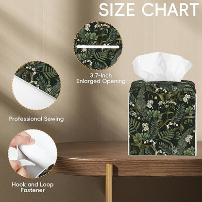 Tissue Box Cover Leather Tissue Box Holder Cube Tissue Case Cover Facial Paper Organizer Dispenser for Bathroom, Vanity Countertop, Office Desk (White Flowers and Berries)