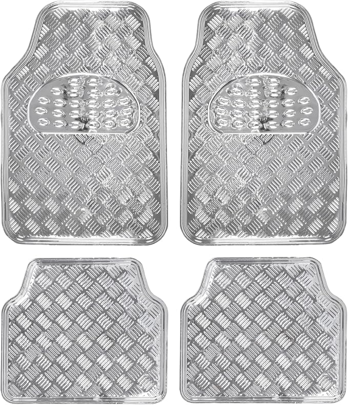 BDK Metallic Chrome Car Floor Mats All-Weather Universal Fit Automotive Floor Mats for Cars SUVs, Floor Mats for Trucks, Car Mats Full Set Front & Rear, Non-Slip Backing - Silver