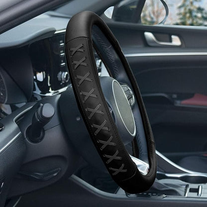 FH Group Universal Fit 15 Inch Genuine Leather with Lace-Up Detailing Steering Wheel Cover fits Most Cars, SUVs Gray