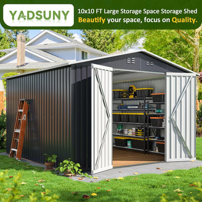 10x10 FT Outdoor Storage Shed, Metal Tool Garden Shed with Updated Frame Structure and Lockable Doors, Ideal for Backyard Garden Patio Lawn, Grey