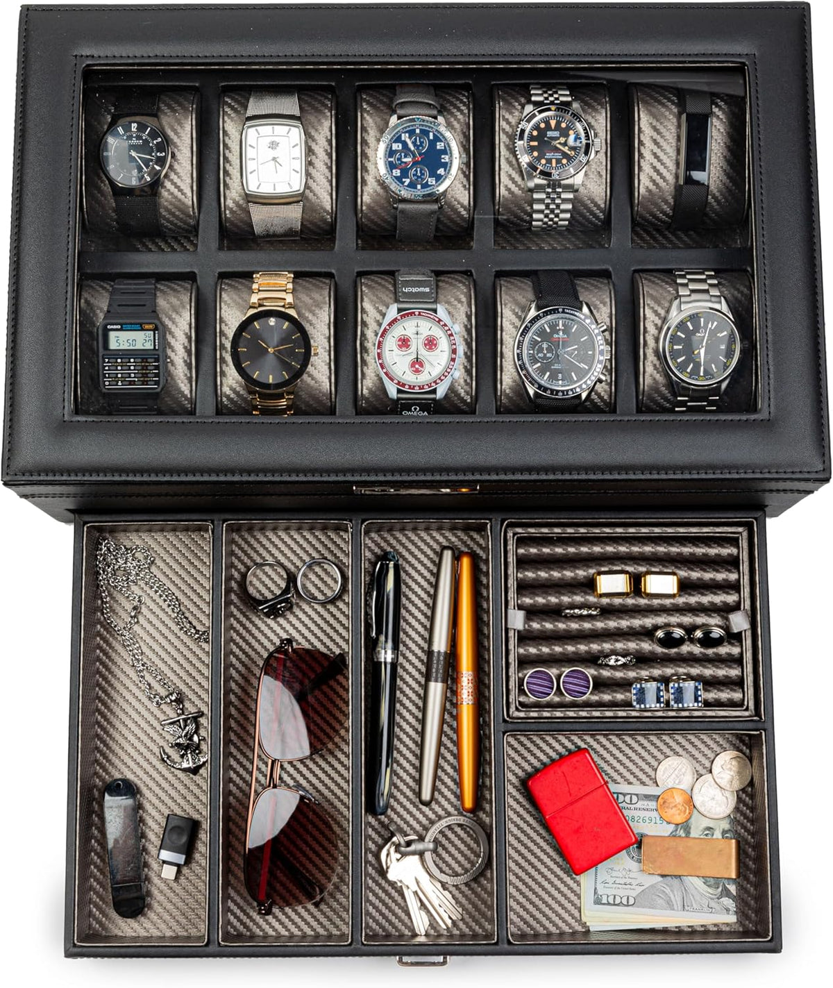 HOUNDSBAY Yachtsman Watch Box Organizer | Luxury Jewelry Organizer with Drawer, Ring Tray & Glass Lid | Great EDC Display Case for Storage | Ideal Gift for Men