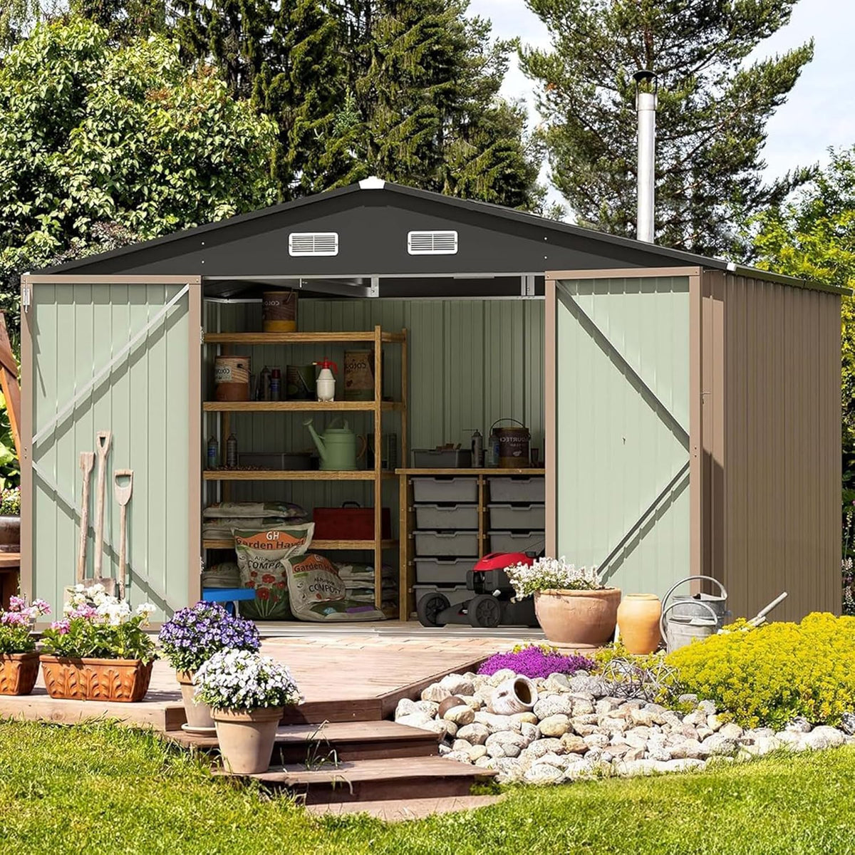 Furniwell 10x8 FT Outdoor Storage Shed, Metal Garden Sheds Outdoor Storage House with Single Lockable Door for Backyard Patio Lawn, Brown