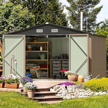 Furniwell 10x8 FT Outdoor Storage Shed, Metal Garden Sheds Outdoor Storage House with Single Lockable Door for Backyard Patio Lawn, Brown