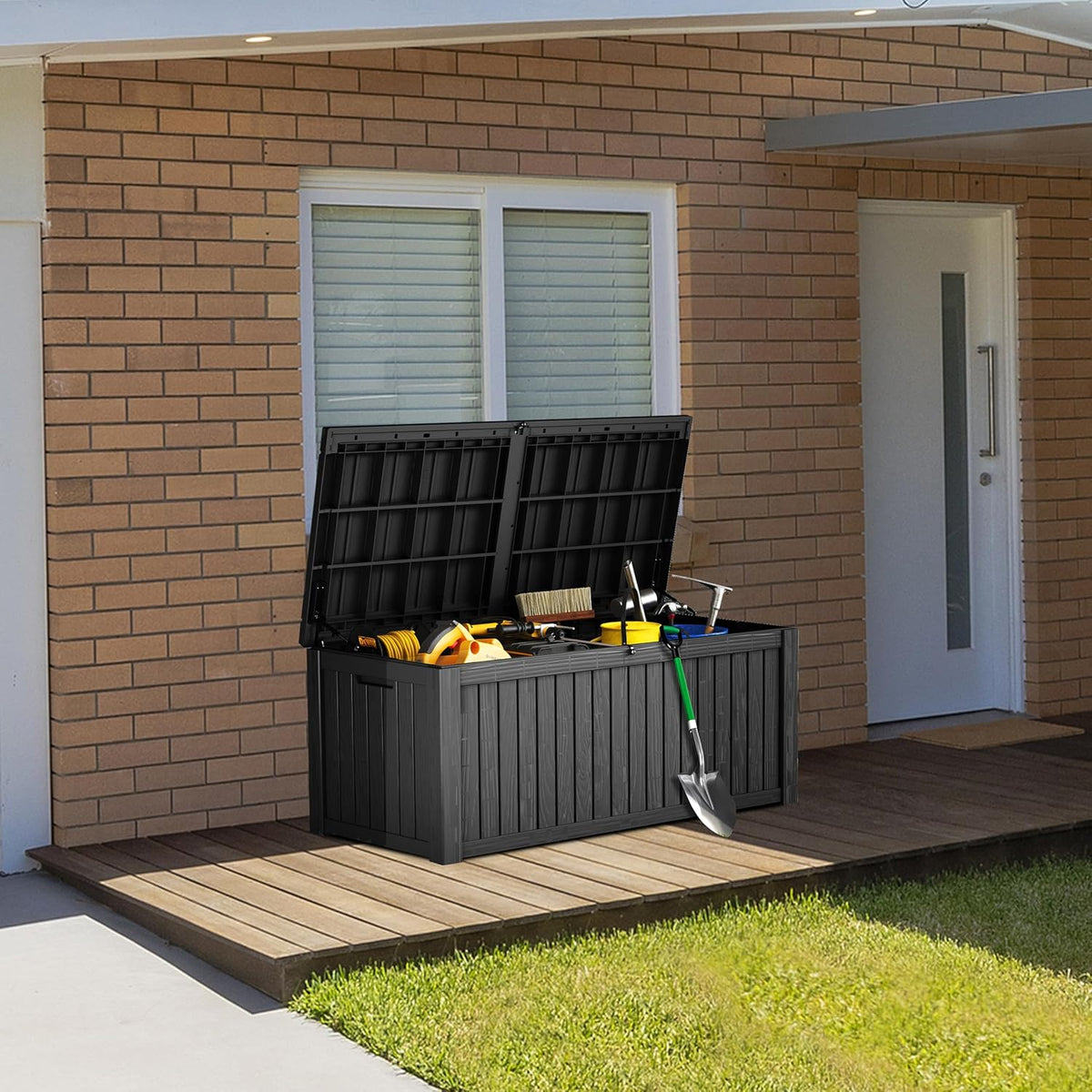 TARKARI 180 Gallon Lockable Resin Deck Box, Waterproof & UV-Resistant Outdoor Storage Box for Outdoor Cushion Storage, Garden Tools & Pool Accessories Storage, Black