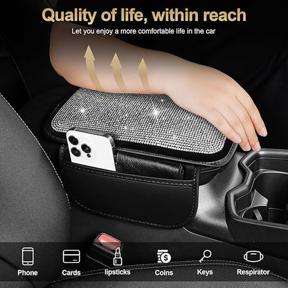 Center Console Cover Fit for Ridgeline: Upgraded Diamond Auto Middle Console Cover - Crystal Rhinestone Armrest Cover for Car with 2 Storage Bags,Anti-Scratch Auto Armrest Pad Accessory （Black