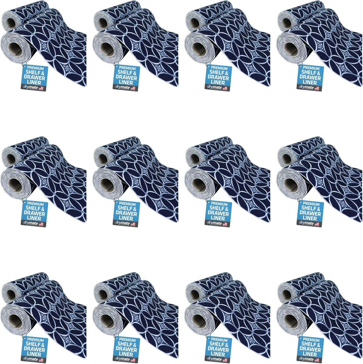 Drymate Premium Luxury Shelf & Drawer Liner, Thick Cushioned Fabric, Non-Adhesive, Absorbent, Waterproof, Slip-Resistant, Liners for Kitchen Cabinets, Cupboards (USA Made)(12”x59”)(24-Pack)(Indigo)