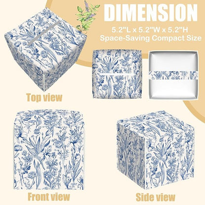 Vintage Floral Leather Tissue Box Holder Blue Flowers Tissue Box Cover Facial Paper Case Organizer Cube Napkin Dispenser for Bathroom Vanity Countertop Night Stand Office Car