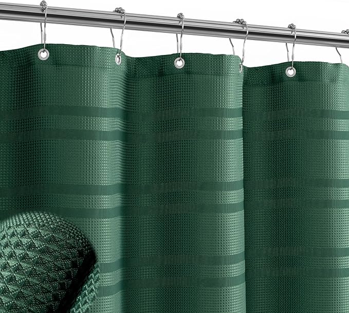 TURKIO 54inch Wide Narrow Dark Green Shower Curtain Waffle Weave Shower Curtain Striped Fabric Shower Curtains for Bathroom, Green Bathroom Decor, (54Wx72H, Dark Green)