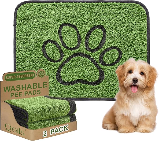 Qeils Reusable Dog Pee Pads, 2 Pack Super Absorbent & Leakproof Washable Puppy Pads with Soft Green Top Layer, for Potty Training, Crates, Couch, Car Seats & Pet Beds, 18"x24"