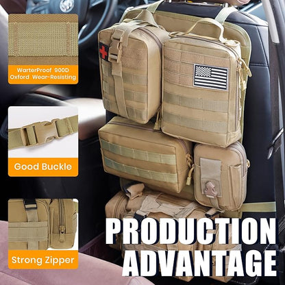 6 Pack Tactical MOLLE Car Seat Back Organizer - Universal Vehicle Storage Bag with 5 Detachable MOLLE Pouches, US Flag Patch, Fits Jeep, Truck, SUV, Car, Ford, Chevy, Toyota, Honda (KHAKI)