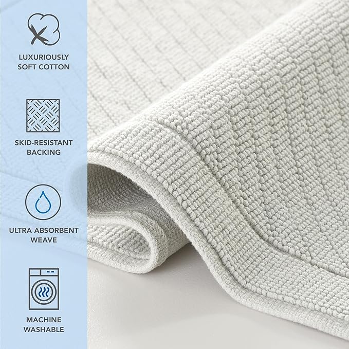Arkwright 100% Cotton Bathroom Rug - High Absorbent Stylish Textured Woven Design Bath Mat, Slip Resistant Backing for Shower and Bathtub Floor, 20x60 in - Grey