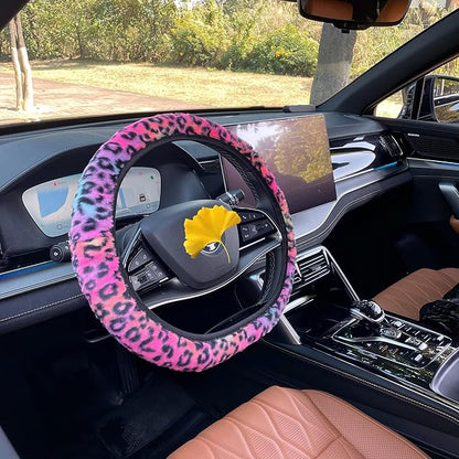 Cheetah Fuzzy Steering Wheel Cover, Girly Steering Wheel Cover, Cute Fluffy Furry Leopard Wheel Protector, Women Girl Car Christmas Decor Fit D-Shape O-Shape 14.5" to 15"