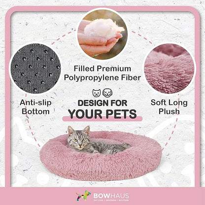 BOWHAUS 24/30 Inch Calming Donut Pet Bed for Small/Medium Cats and Dogs, Anti-Slip Bottom, Washable, Anti-Anxiety Fluffy Round Cat Bed, Indoor Shaggy Cuddler Cotton Candy Brown, Light Gray, Pink Bed