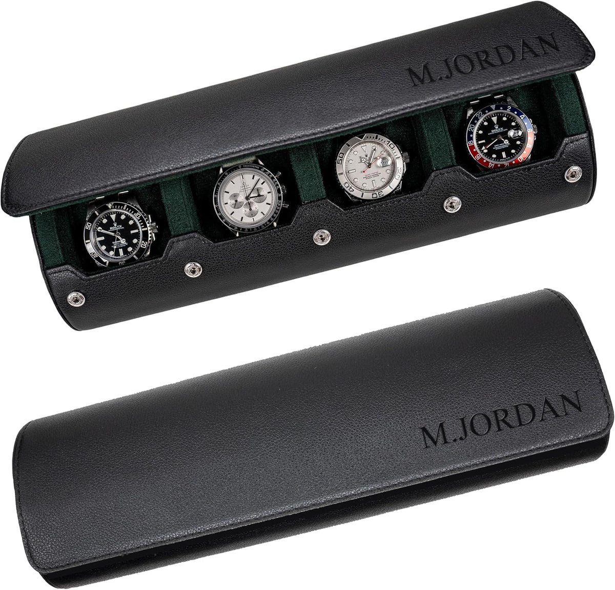 DailyWatch | Personalized Watch Roll Travel Case For 4 Watches - Handmade Genuine Leather Travel Case With Custom Engraving of Name or Initials - Black Green