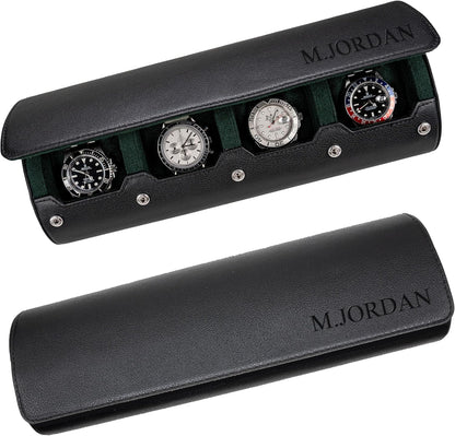 DailyWatch | Personalized Watch Roll Travel Case For 4 Watches - Handmade Genuine Leather Travel Case With Custom Engraving of Name or Initials - Black Green
