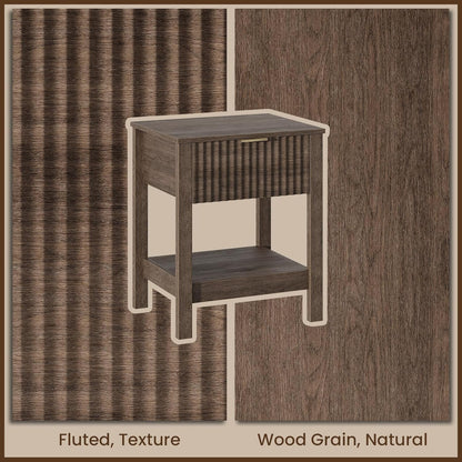 Fluted Night Stand with Golden Handle,Set of 2 Mid-Century Nightstands with Drawer,Bedside Table with Storage Shelf,Large End Tables for Livingroom,Bed Side Tables for Bedroom,Walnut