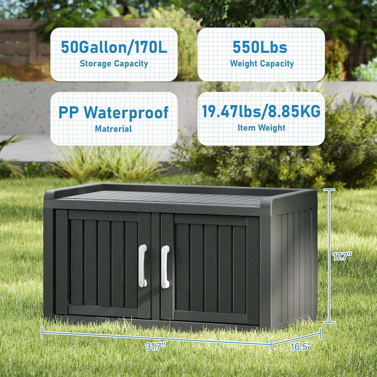 KAMABOKO Outdoor Shoe Storage Cabinet, Waterproof UV-Resistant Entryway Storage Bench Indoor Outdoor with 2 Barn Doors, Adjustable Shelves for Entryway, Bedroom, Hallway,Living Room(Black)