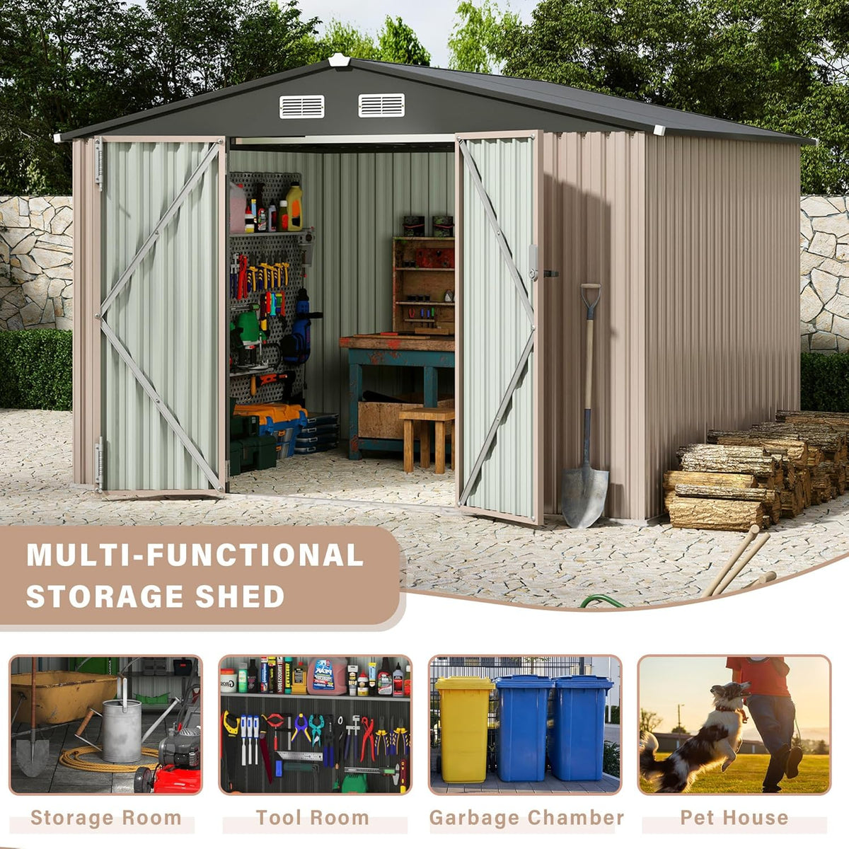 10x12 FT Metal Storage Sheds Outdoor, Metal ToolShed with Lockable Door, Metals Yard Sheds Metals Garden Shed Kit, MetalUtility Sheds Buildings with Air Vent for Backyard Garden Patio Lawn