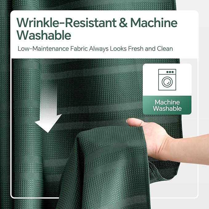 TURKIO 54inch Wide Narrow Dark Green Shower Curtain Waffle Weave Shower Curtain Striped Fabric Shower Curtains for Bathroom, Green Bathroom Decor, (54Wx72H, Dark Green)