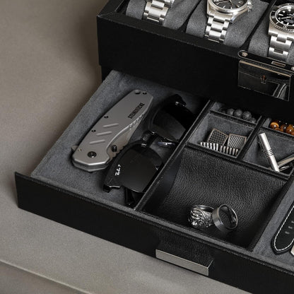 ROTHWELL 10-Slot Watch Box in Leather with Valet Drawer, Luxury Watch Case Display Organizer with Ultra Soft Microsuede Liner, Jewelry and Sunglass Holder With Large Glass top (Black/Grey)