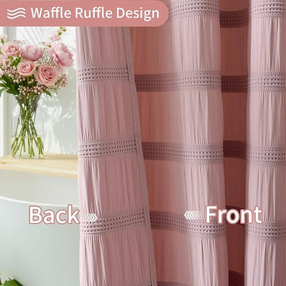Lameirose Extra Long Pink Shower Curtain Farmhouse,72 x 84 Cotton Blend Waffle Tufted Striped Chic Textured Fabric Shower Curtain for Bathroom, Hotel, Washable