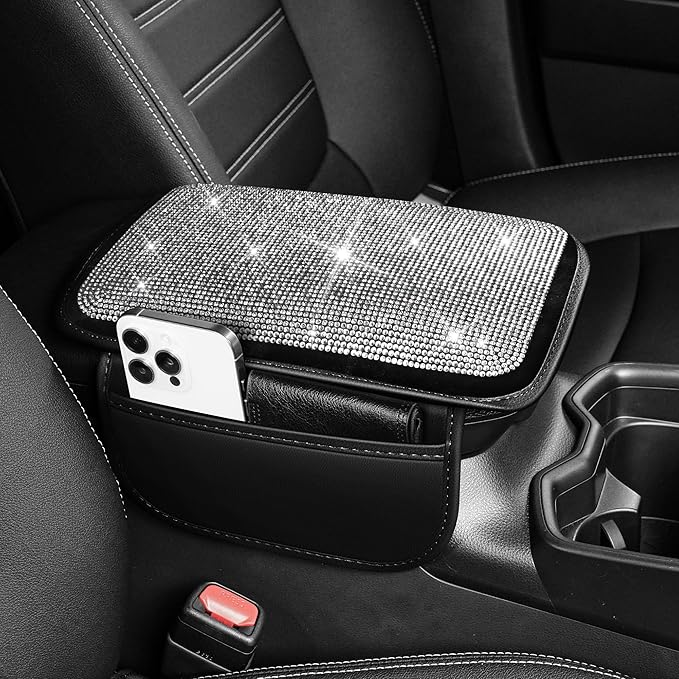 Center Console Cover Fit for TLX: Upgraded Diamond Auto Middle Console Cover - Crystal Rhinestone Armrest Cover for Car with 2 Storage Bags,Anti-Scratch Auto Armrest Pad Accessory （Black