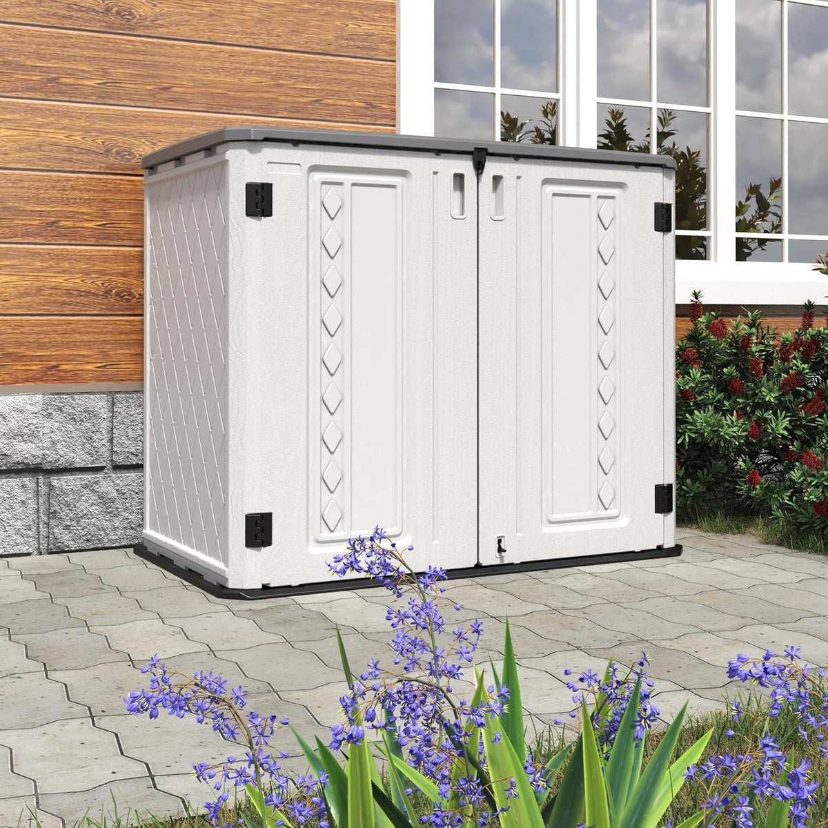 HOMSPARK Storage Shed Weather Resistance, Multi-Purpose Outdoor Storage Cabinet Waterproof, Outdoor Storage Cabinet for Garbage Cans, Lawnmower, Garden Accessories (Off White, Standard-26 cu ft)