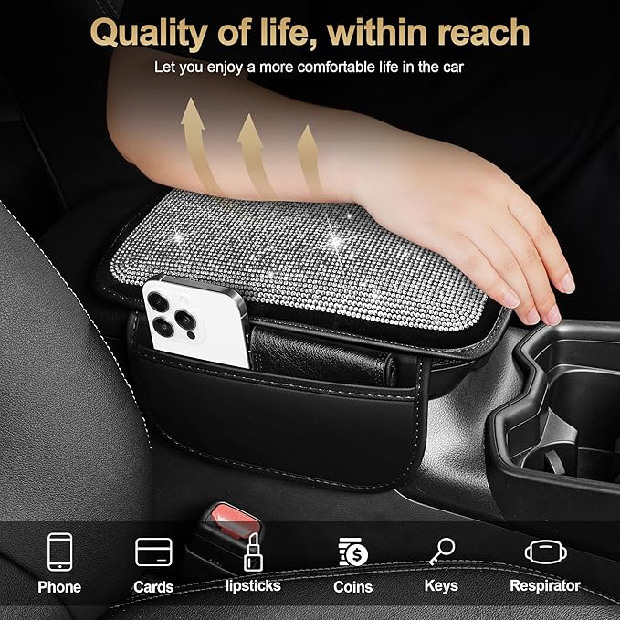 Center Console Cover Fit for TLX: Upgraded Diamond Auto Middle Console Cover - Crystal Rhinestone Armrest Cover for Car with 2 Storage Bags,Anti-Scratch Auto Armrest Pad Accessory （Black