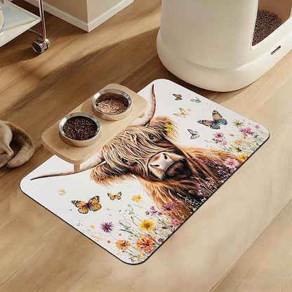 Highland Cow Butterfly Dog Food Mat–Christmas Stocking Absorbent Quick Dry Feeding Placemat for Food and Water Bowls, Non Slip Rubber Backing, Waterproof Pet Supplies for Mess-Free Eating 12"x20"