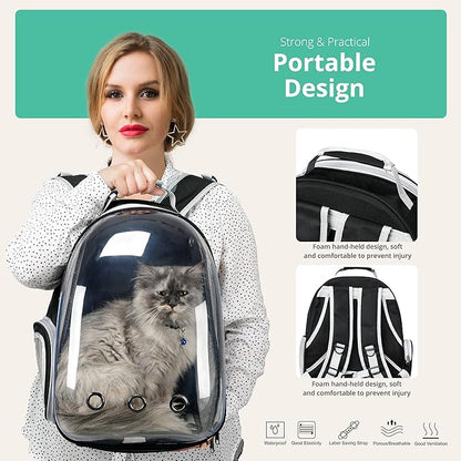Cat Backpack Carrier with Collapsable Dog Bowl, Cat Collar & Interactive Cat Toy (4 Pcs Set)- Airline Approved Bubble Carrying Bag for Medium Dogs & Cats, Animal Carrier Backpacks, Pet Backpack |Black
