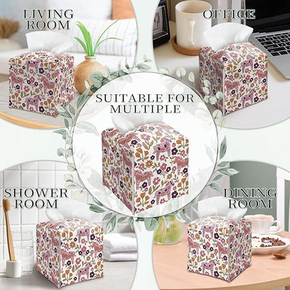 Pink Tissue Box Holder, Pink Floral Dala Horse Leather Tissue Box Cover Square, Paper Napkins Everyday Dispenser for Bathroom Vanity Countertop Night Stands Kitchen Office Home Decor