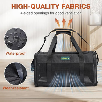 Airline Approved Cat and Small Dog Carrier 17"x11"x9.5"– Soft-Sided, Foldable Under-Seat Travel Bag for Pets up to 12 lbs, Top-Loading, Scratch-Resistant Mesh, Black