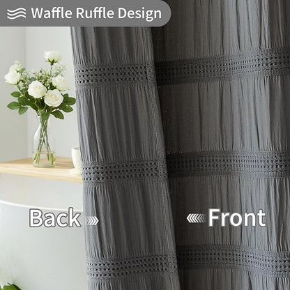 Lameirose Extra Long Grey Shower Curtain Farmhouse,72 x 78 Cotton Blend Waffle Tufted Striped Chic Textured Fabric Shower Curtain for Bathroom, Hotel