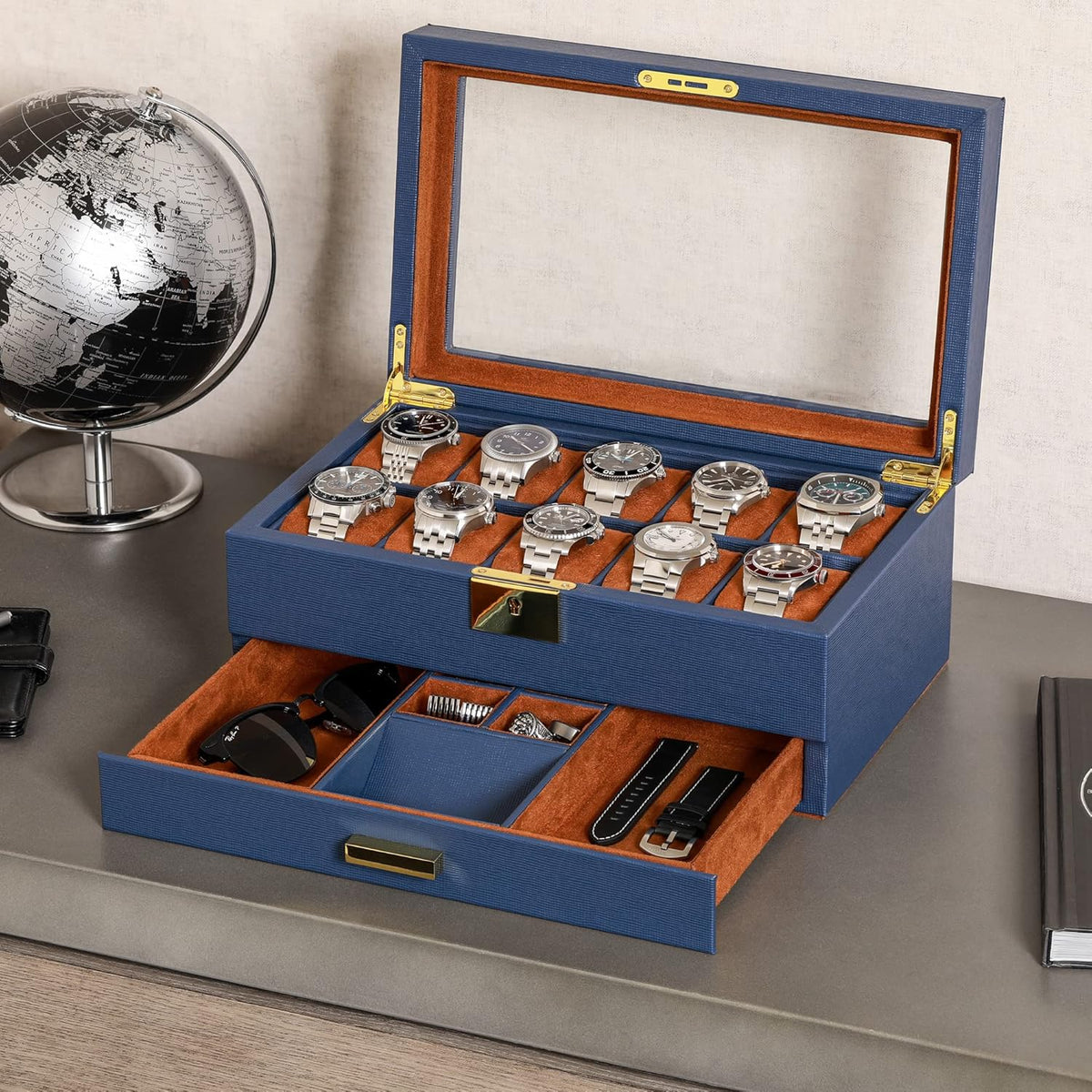 ROTHWELL 10-Slot Watch Box in Leather with Valet Drawer, Luxury Watch Case Display Organizer with Ultra Soft Microsuede Liner, Jewelry and Sunglass Holder With Large Glass top (Blue/Tan)