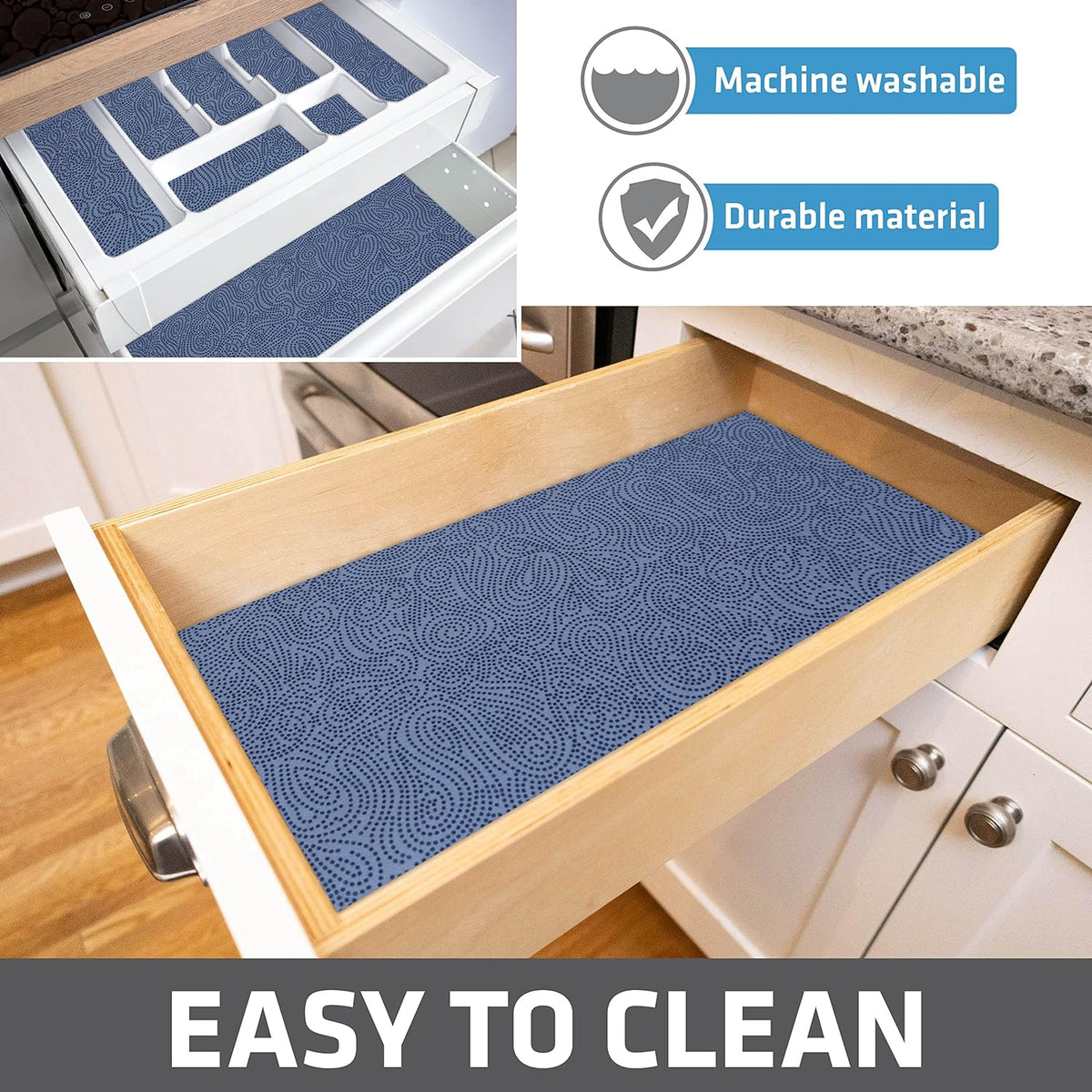 Drymate Premium Luxury Shelf & Drawer Liner, Thick Cushioned Fabric, Non-Adhesive, Absorbent, Waterproof, Slip-Resistant, Liners for Kitchen Cabinets, Cupboards (USA Made)(12”x59”)(2-Pack)(Blue)