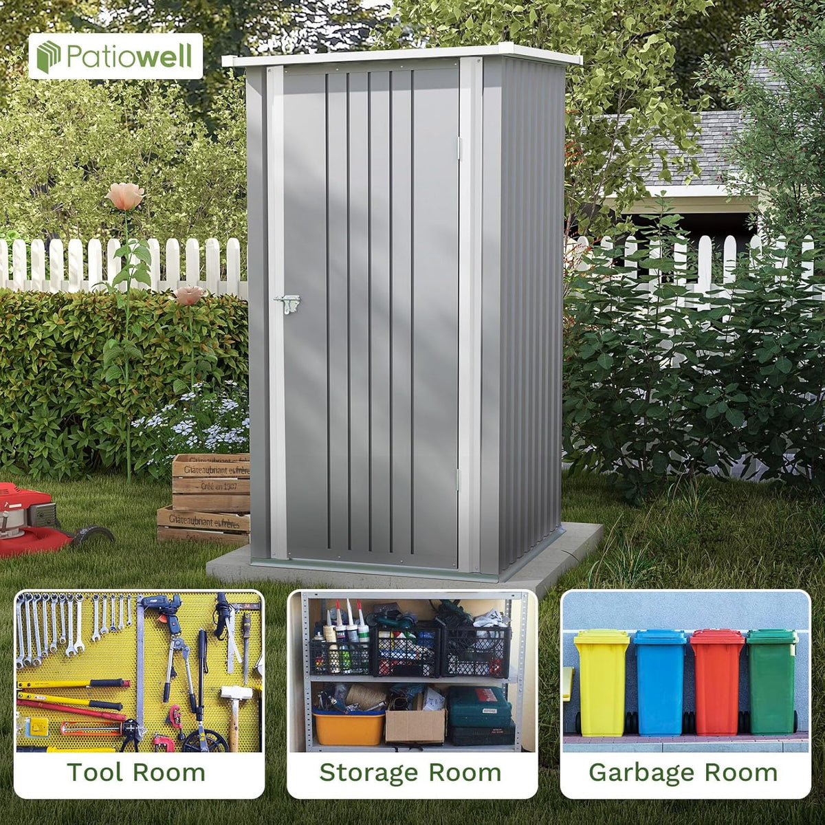 Patiowell 3 x 3 FT Outdoor Storage Shed,Small Garden Tool Storage Shed with Sloping Roof and Single Lockable Door, Outdoor Shed for Backyard Garden Patio Lawn, Grey