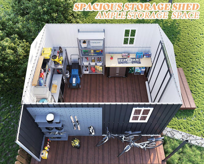 AMERLIFE 10.6x10.3x6.3 FT Galvanized Metal Storage Shed with Open Firewood Bay, Sliding Doors & Ramp, 2 Windows & Vents, Weather-Resistant Outdoor Tool/Garden Shed, Dark Grey/White