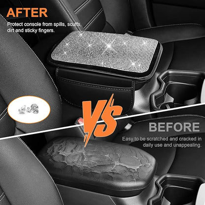Bling Car Center Console Cover Custom Fit for Jeep Gladiator - Leather Armrest Cover with 2 Storage Pockets and Crystal Rhinestones(Black)