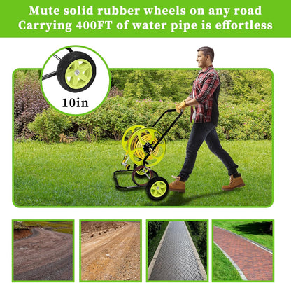 Stainless Steel Garden Hose Reel Cart - Heavy Duty, 10" Rubber Wheels, Holds 400 Feet of 5/8" Hose, For Yard/Lawn (With 5 FT Hose included)
