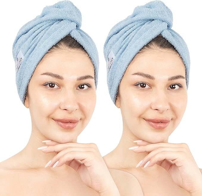 American Soft Linen 100% Cotton Hair Towels for Women, Head Towel Cap, Cotton Hair Turban Towel Wrap for Long Curly Anti Frizz Hair, Soft and Absorbent Cotton Hair Towels 2 Pack, Sky Blue
