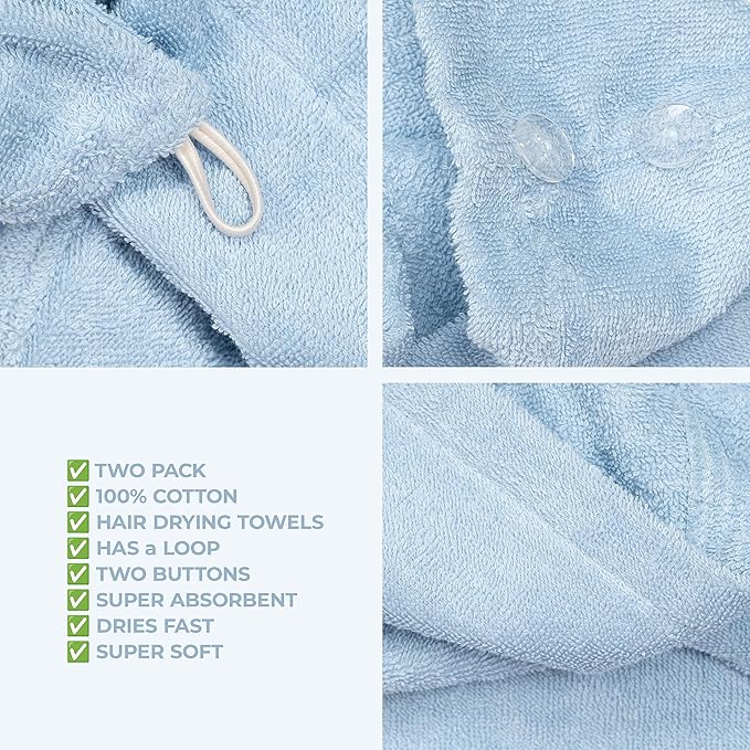 American Soft Linen 100% Cotton Hair Towels for Women, Head Towel Cap, Cotton Hair Turban Towel Wrap for Long Curly Anti Frizz Hair, Soft and Absorbent Cotton Hair Towels 2 Pack, Sky Blue
