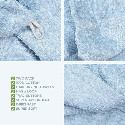 American Soft Linen 100% Cotton Hair Towels for Women, Head Towel Cap, Cotton Hair Turban Towel Wrap for Long Curly Anti Frizz Hair, Soft and Absorbent Cotton Hair Towels 2 Pack, Sky Blue