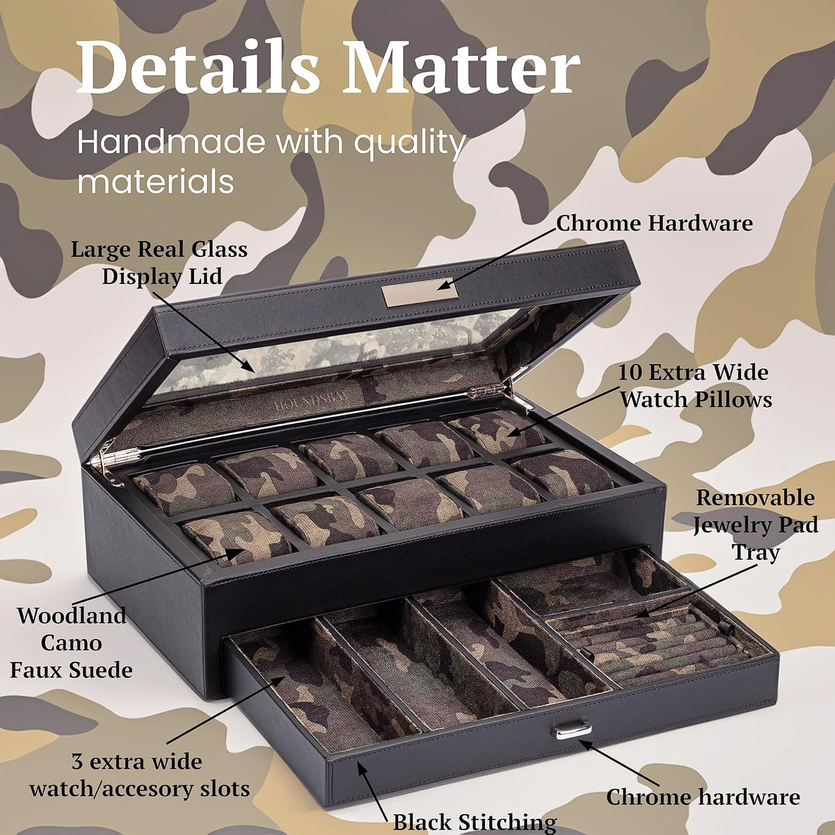 HOUNDSBAY Yachtsman Large Watch Box Jewelry Organizer for Men, Camo Gifts for Men, Jewelry Box Organizer, Watch Display & EDC Storage Drawer, Watch Case