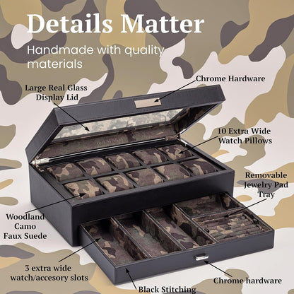 HOUNDSBAY Yachtsman Large Watch Box Jewelry Organizer for Men, Camo Gifts for Men, Jewelry Box Organizer, Watch Display & EDC Storage Drawer, Watch Case