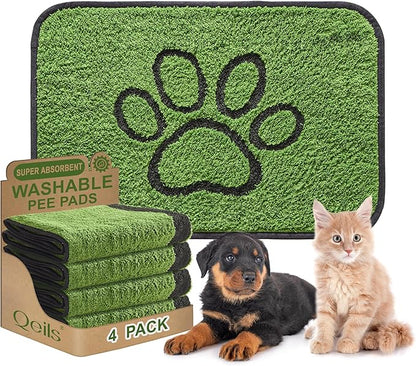 Qeils Reusable Dog Pee Pads, 4 Pack Super Absorbent & Leakproof Washable Puppy Pads with Soft Green Top Layer, for Potty Training, Crates, Couch, Car Seats & Pet Beds, 24"x 36"