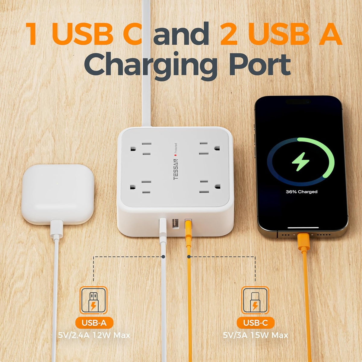 TESSAN Surge Protector Power Strip, 5 Ft Flat Plug Extension Cord with 3 USB (1 USB C) 8 Outlets, 1250W, 900J Protection, 3 Sided Outlet Extender with Power Switch for Office, Dorm Room Essentials